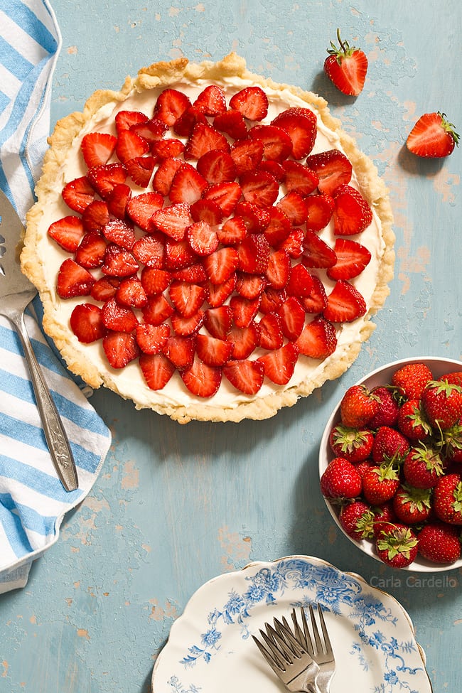 Strawberry Cream Cheese Tart with a homemade pie crust is an easy summer tart that will impress. It's like eating a strawberry pie and cheesecake in one bite. 