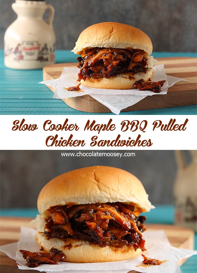 Not sure what to do with that chicken breast in the freezer? Cook up some sweet and spicy sandwiches for dinner with Slow Cooker Maple BBQ Pulled Chicken Sandwiches! Makes 4 servings in a crock pot. Ideal for dinner for two. 