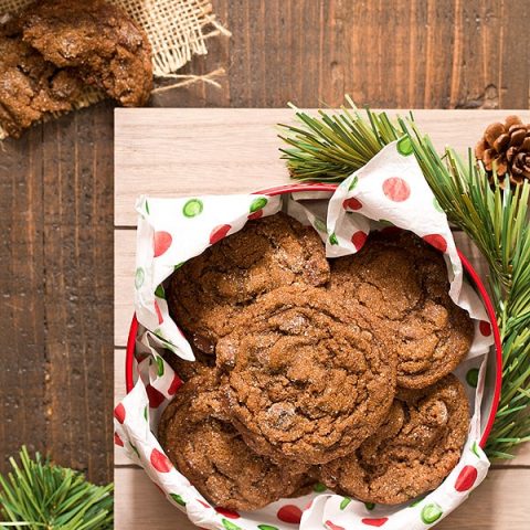 Soft and chewy Chocolate Gingersnap Cookies with chocolate chips and spices taste like Christmas wrapped up inside a cookie (and won't break your teeth).