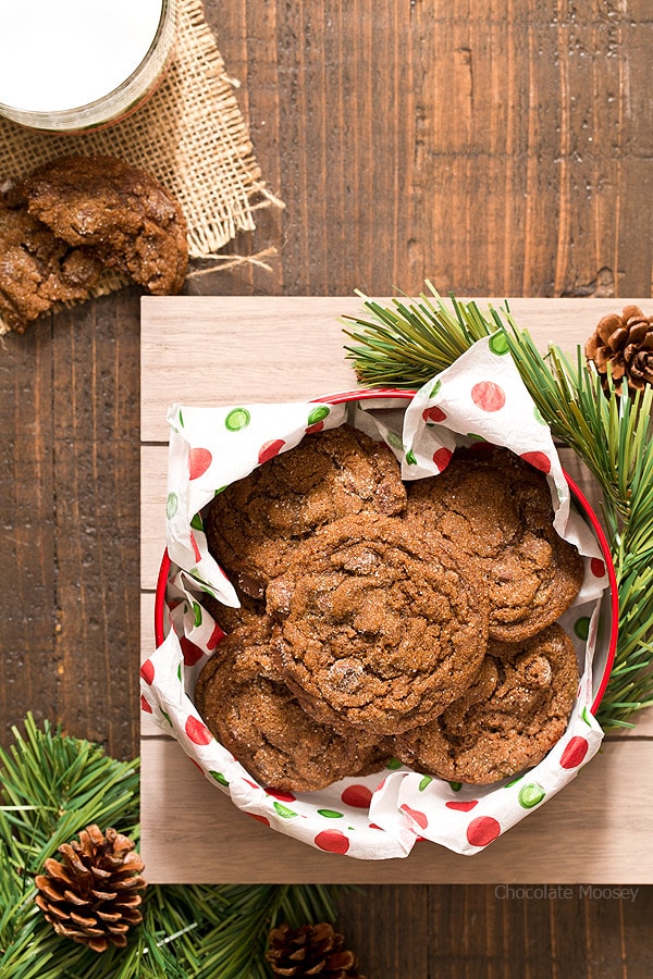 Soft and chewy Chocolate Gingersnap Cookies with chocolate chips and spices taste like Christmas wrapped up inside a cookie (and won't break your teeth).