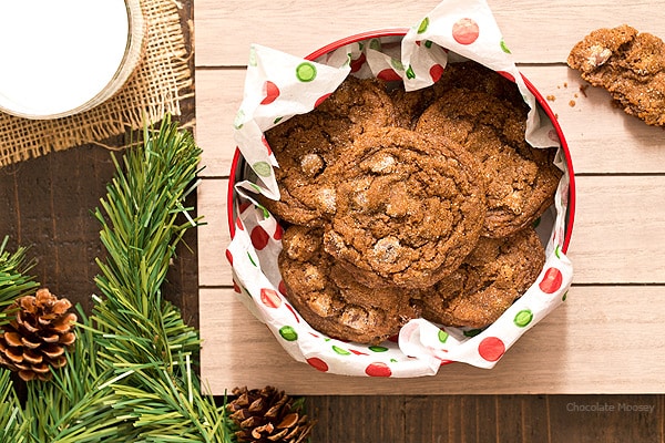 Soft and chewy Chocolate Gingersnap Cookies with chocolate chips and spices taste like Christmas wrapped up inside a cookie (and won't break your teeth).