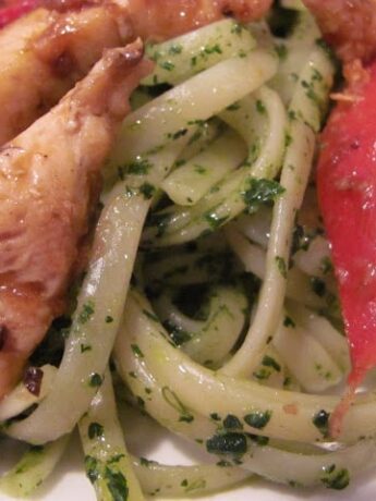 Chicken and Cilantro Pesto Pasta from www.chocolatemoosey.com