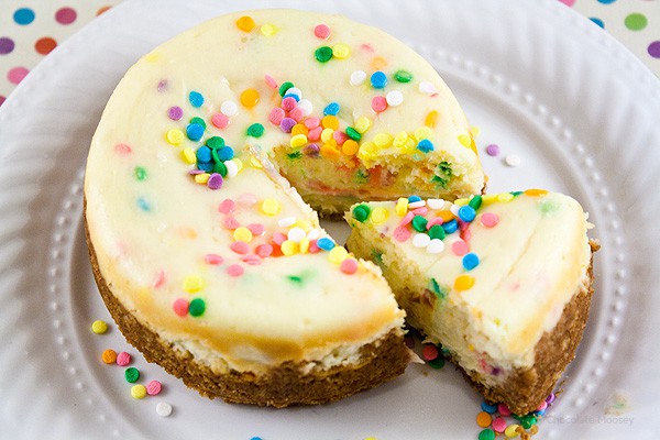 The best way to celebrate any happy occasion is with sprinkles! Mini Funfetti Cheesecake For Two baked from scratch without Funfetti cake mix.