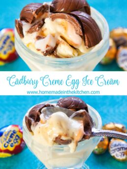 Turn your favorite Easter candy into a decadent dessert with this Cadbury Creme Egg Ice Cream recipe