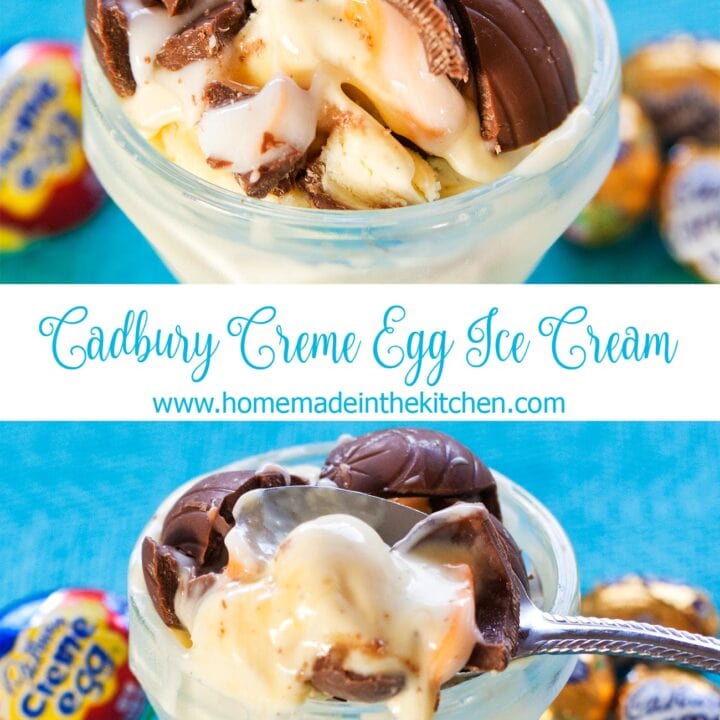 Turn your favorite Easter candy into a decadent dessert with this Cadbury Creme Egg Ice Cream recipe