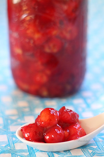 Cherry Pie Filling on white spoon