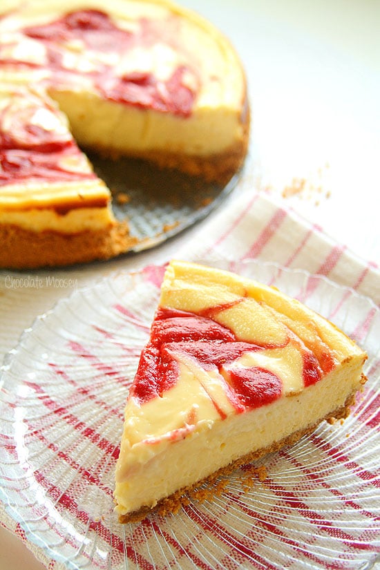 A classic cheesecake with a strawberry swirl on top