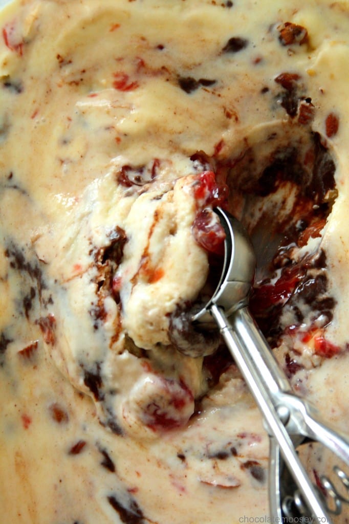 Dark Truffle, Candied Cherry, and Toasted Almond Ice Cream from www.chocolatemoosey.com