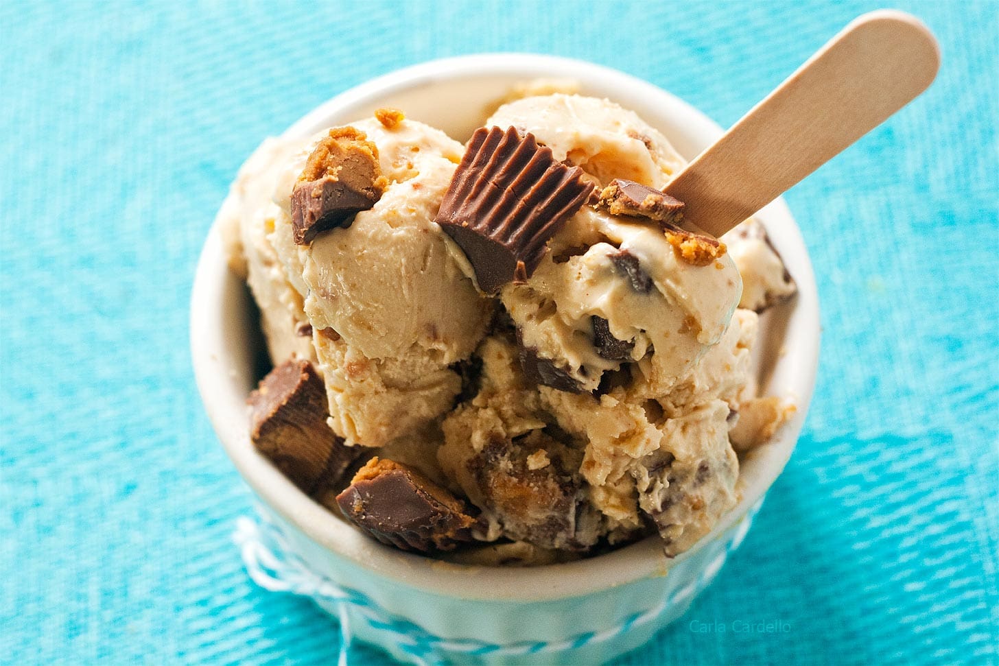 Peanut butter cup ice cream with wooden spoon