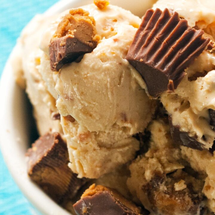Close up of peanut butter ice cream with peanut butter cups
