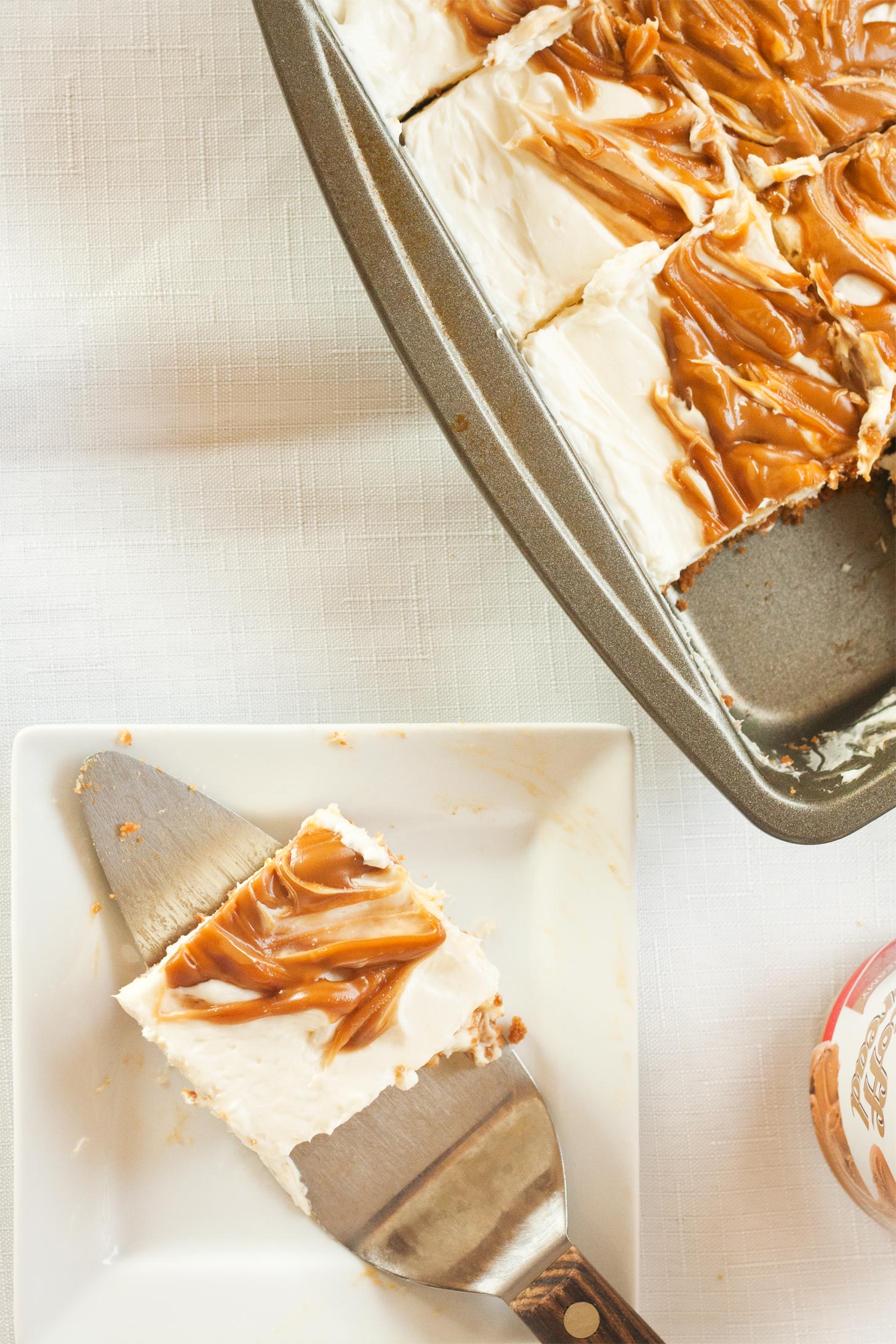 No bake Biscoff cheesecake bars served from 8x8 pan