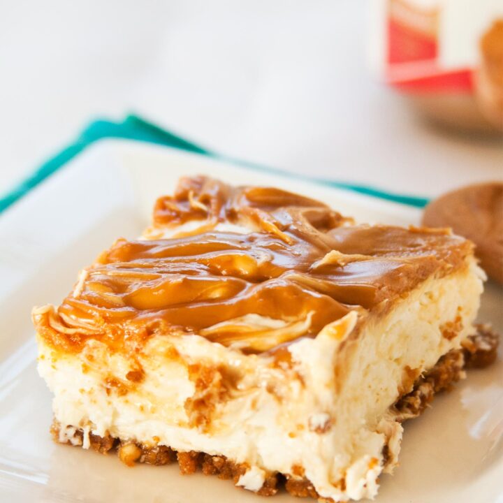 No Bake Biscoff Cheesecake square on white plate