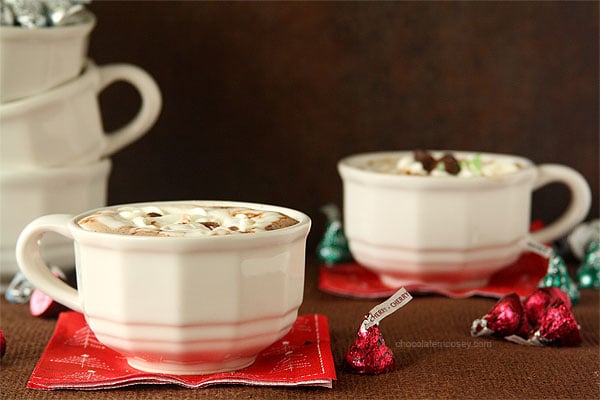 Cherry Cordial and Mint Truffle Kiss Hot Chocolate with Marshmallow Whipped Cream