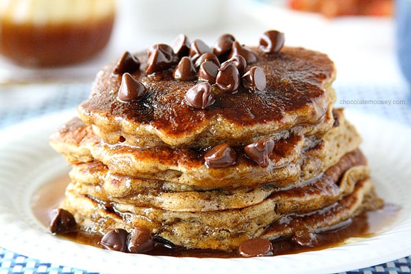 Close up of a stack of chocolate chip pancakes