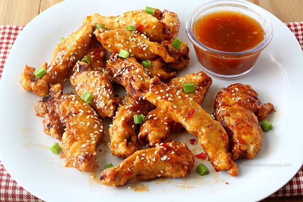 General Tso's Sweet Chili Chicken Strips from www.chocolatemoosey.com @chocolatemoosey