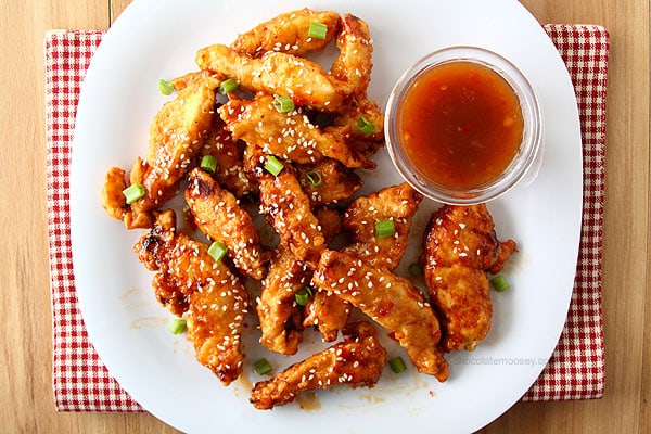 General Tso's Sweet Chili Chicken Strips from www.chocolatemoosey.com @chocolatemoosey