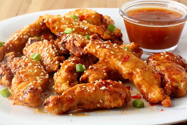 General Tso's Sweet Chili Chicken Strips from www.chocolatemoosey.com @chocolatemoosey