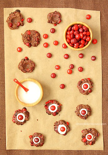 Chocolate Cherry M&M Thumbprint Cookies from www.chocolatemoosey.com @chocolatemoosey