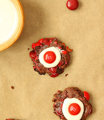 Chocolate Cherry M&M Thumbprint Cookies from www.chocolatemoosey.com @chocolatemoosey