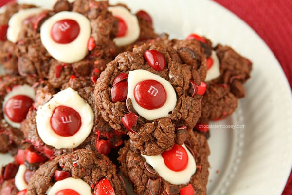 Chocolate Cherry M&M Thumbprint Cookies from www.chocolatemoosey.com @chocolatemoosey