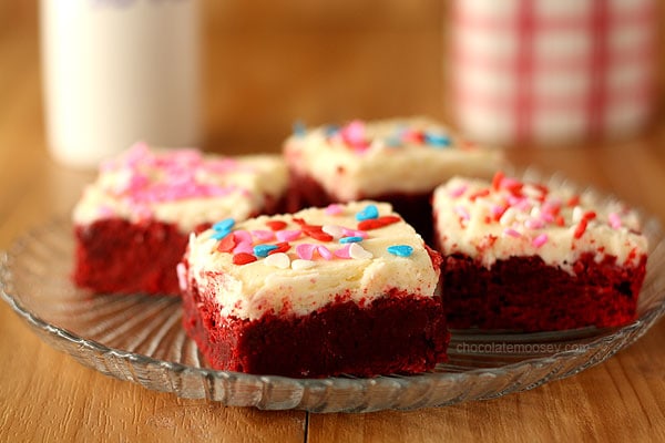 Easy Small Batch Red Velvet Sugar Cookie Bars from scratch without cake mix, complete with a small batch of cream cheese frosting and sprinkles for Valentine's Day