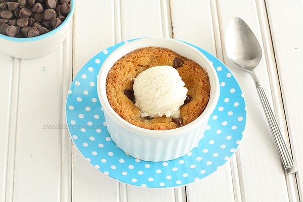 Single Serving Deep Dish Chocolate Chip Cookie from www.chocolatemoosey.com @chocolatemoosey.com