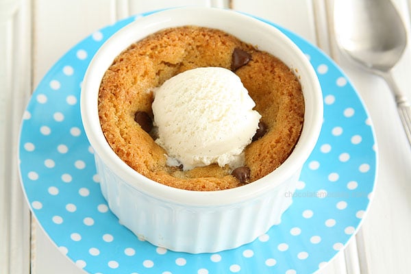 Single Chocolate Chip Cookie in ramekin with ice cream