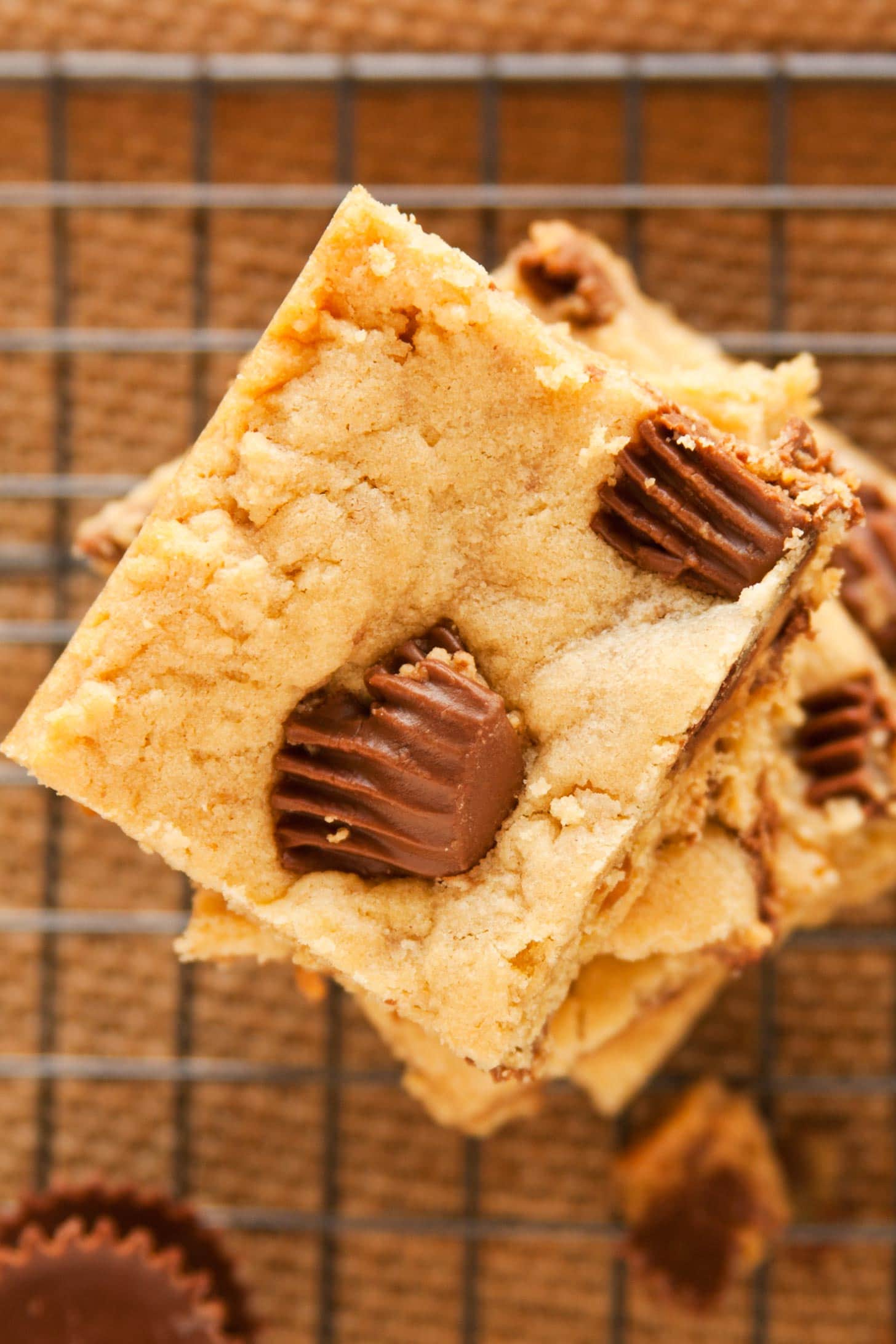 Peanut butter bars with peanut butter cups close up