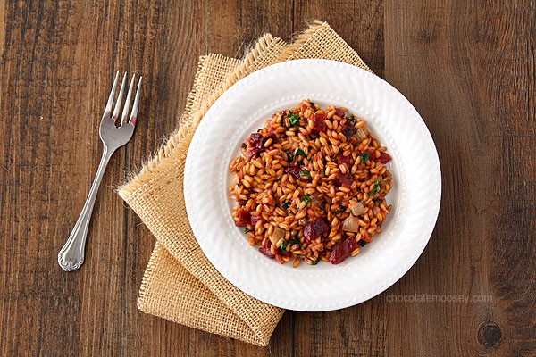 Beet, Spinach, and Goat Cheese Farro Risotto | www.chocolatemoosey.com