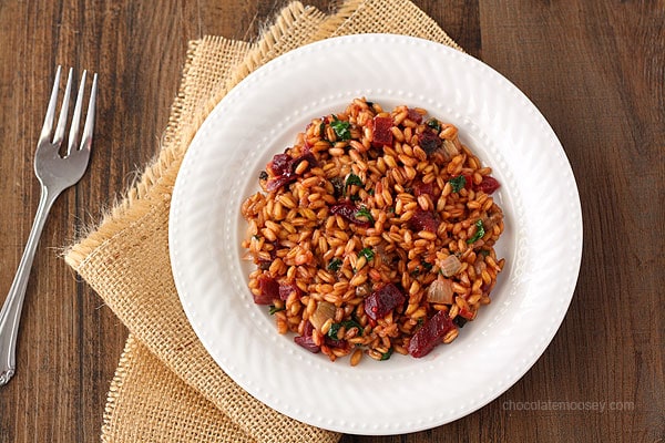 Beet, Spinach, and Goat Cheese Farro Risotto | www.chocolatemoosey.com