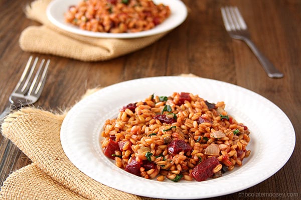 Beet, Spinach, and Goat Cheese Farro Risotto | www.chocolatemoosey.com