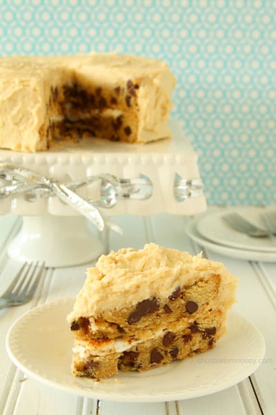 Chocolate Chip Cookie Cake with Toasted Marshmallow Filling and Cookie Dough Frosting | www.chocolatemoosey.com