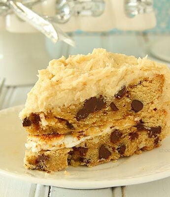 Chocolate Chip Cookie Cake with Toasted Marshmallow Filling and Cookie Dough Frosting | www.chocolatemoosey.com