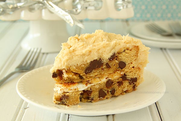 Chocolate Chip Cookie Cake with Toasted Marshmallow Filling and Cookie Dough Frosting | www.chocolatemoosey.com