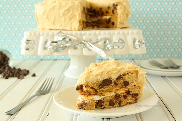 Chocolate Chip Cookie Cake with Toasted Marshmallow Filling and Cookie Dough Frosting | www.chocolatemoosey.com