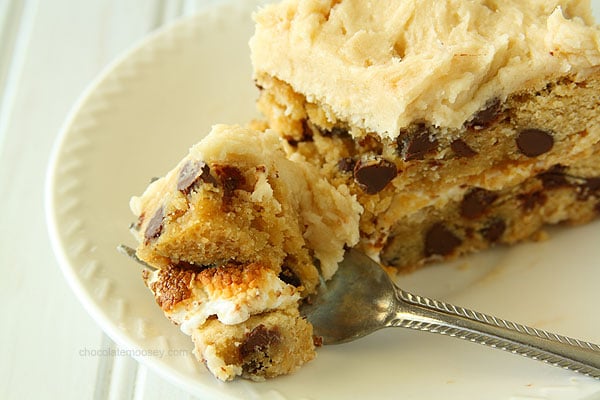 Chocolate Chip Cookie Cake with Toasted Marshmallow Filling and Cookie Dough Frosting | www.chocolatemoosey.com