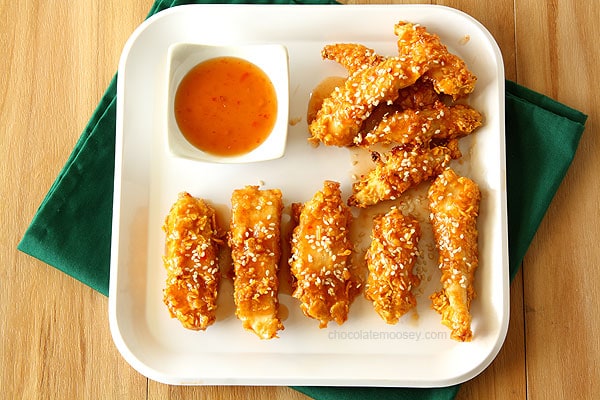 Crispy Baked General Tso's Sweet Chili Chicken Strips | www.chocolatemoosey.com