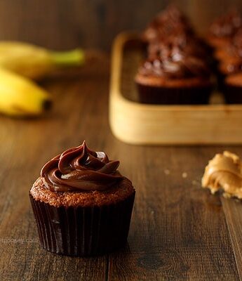 Roasted Banana Cupcakes with Peanut Butter Ganache Frosting | www.chocolatemoosey.com