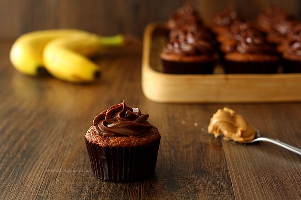 Roasted Banana Cupcakes with Peanut Butter Ganache Frosting | www.chocolatemoosey.com