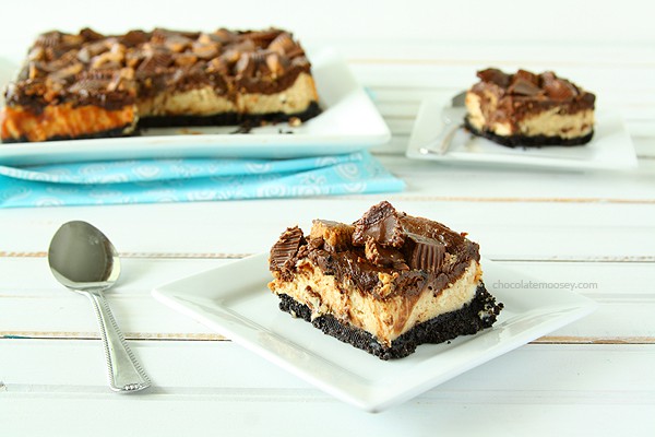 Chocolate Peanut Butter Cup Cheesecake Squares | www.chocolatemoosey.com