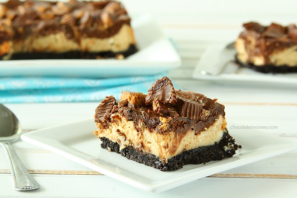 Chocolate Peanut Butter Cup Cheesecake Squares | www.chocolatemoosey.com