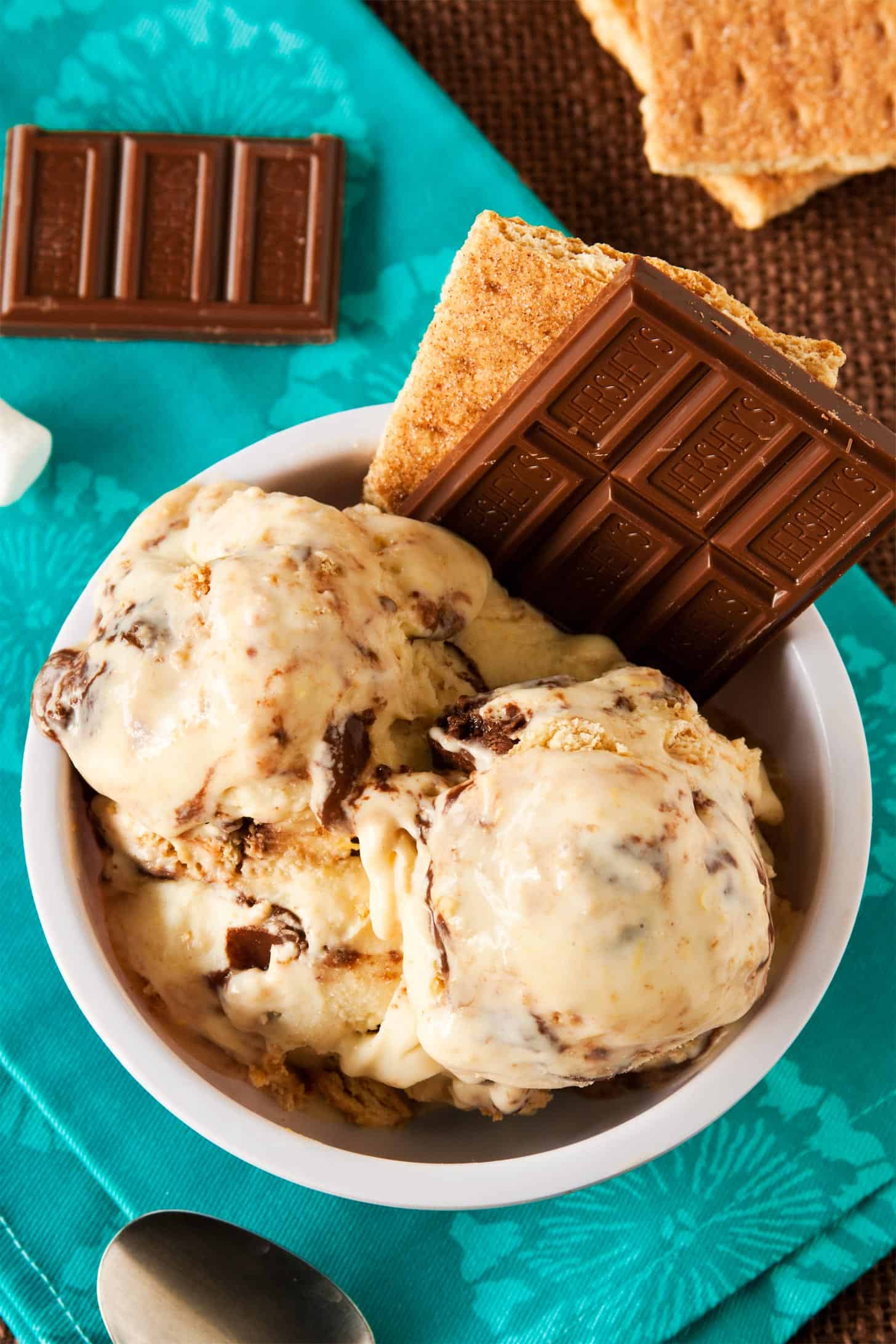 Overhead shot of smores ice cream in a bowl