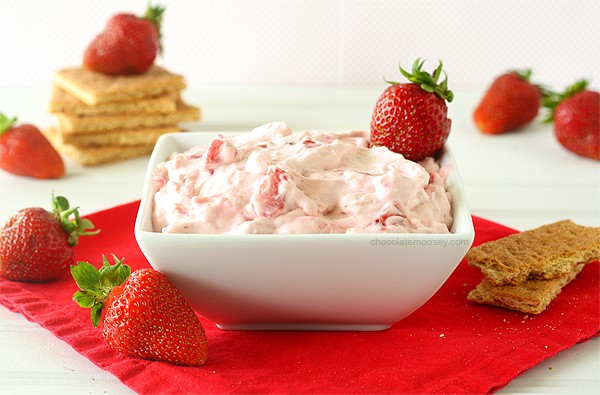 Strawberry Cheesecake Dip in square white bowl