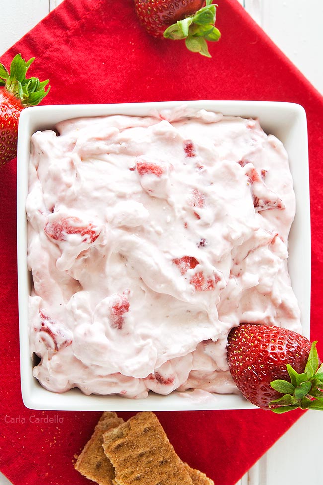 Strawberry Cheesecake Dip in square white bowl