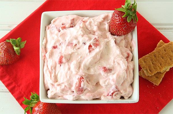 Strawberry cream cheese dip in white square bowl