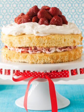 Strawberry Shortcake Cake with sponge cake, whipped cream, and berries
