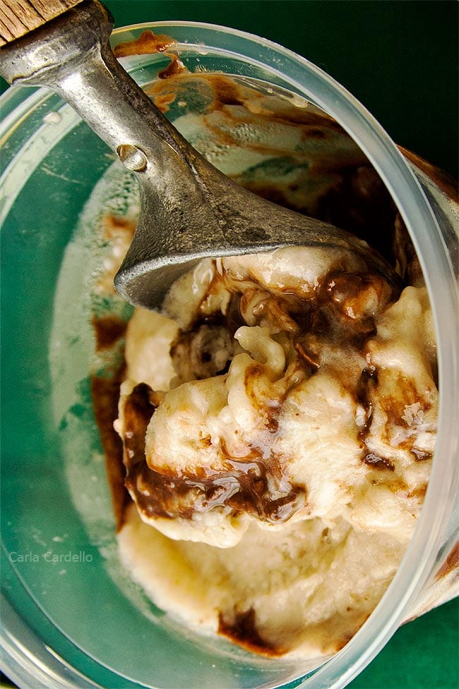 Banana Fudge Ice Cream in bowl with ice cream scoop