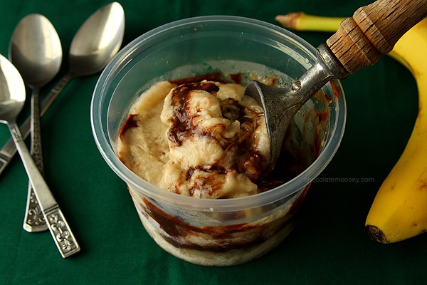 Banana Fudge Ice Cream in container with scoop