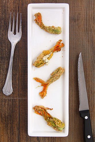 Goat Cheese Stuffed Squash Blossoms | www.chocolatemoosey.com