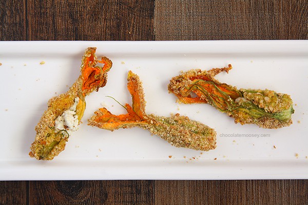 Goat Cheese Stuffed Squash Blossoms | www.chocolatemoosey.com